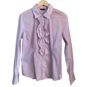 Tommy Hilfiger Pinstripe Button Shirt with Ruffle Front Womens Size‎ M
